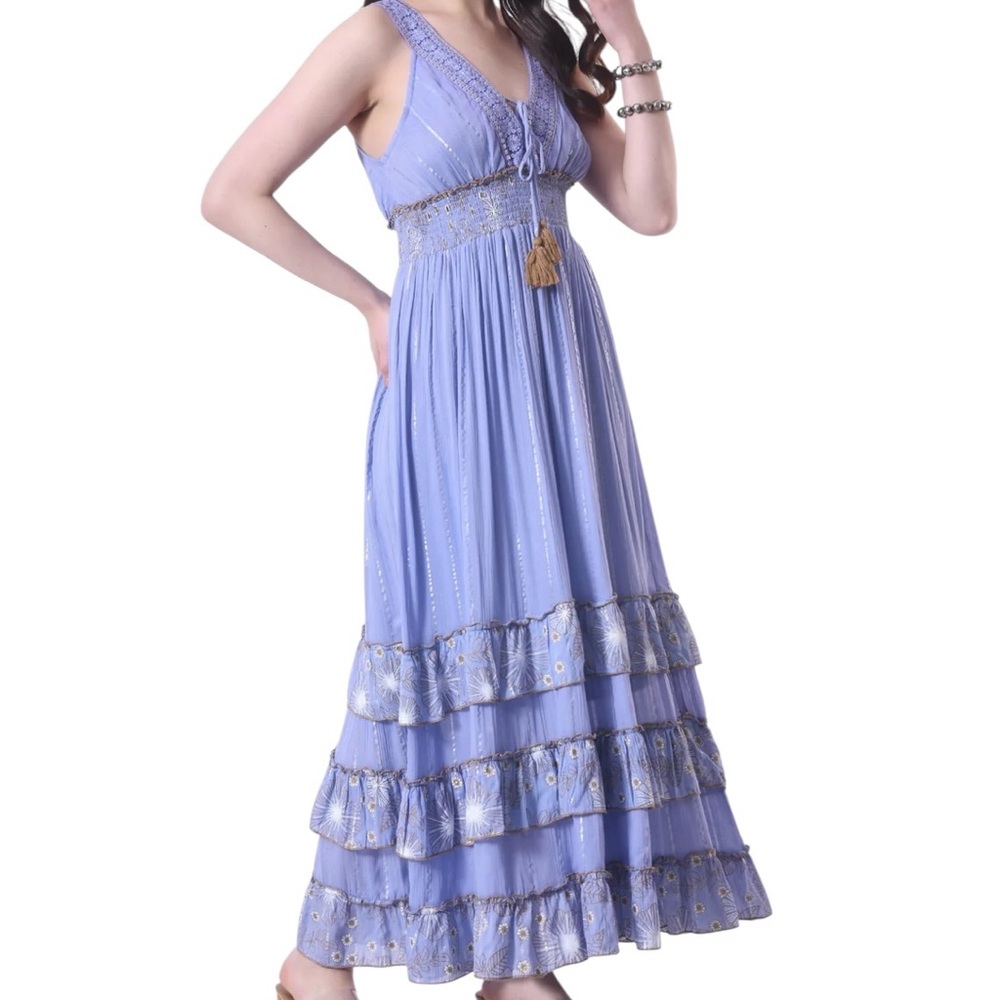 D123 - Boho Lurex Rayon Embroidered Sequin Ruffle Maxi Dress made in India 26401